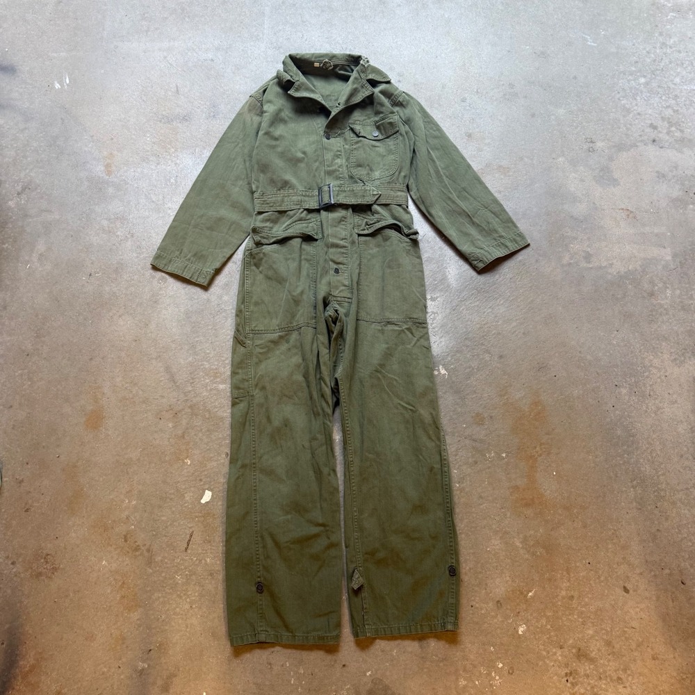 Vintage Military Olive Green Herringbone Twill HBT Coveralls Jumpsuit 38R